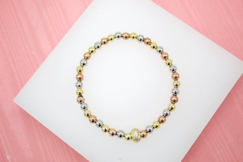 18K Gold Filled 5mm Multicolor Color Elastic Bead Bracelet With A Round CZ Charm