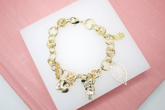 18K Gold Filled Nature, Fairy, Heart, Girl Boy Charms Bracelet (I405)