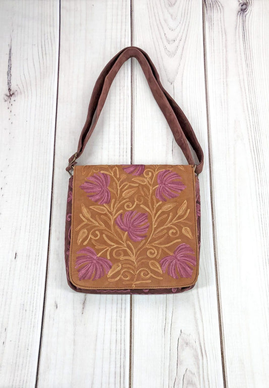 Handmade Beige and Mauve Suede Embroidered Messenger Bag