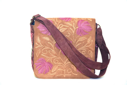 Handmade Beige and Mauve Suede Embroidered Messenger Bag