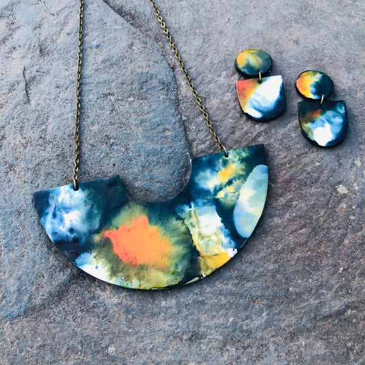 Abstract Alcohol Ink Jewelry Set in Black, White Yellow Orange, Fluid Art Jewelry