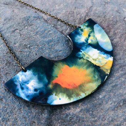 Abstract Alcohol Ink Jewelry Set in Black, White Yellow Orange, Fluid Art Jewelry