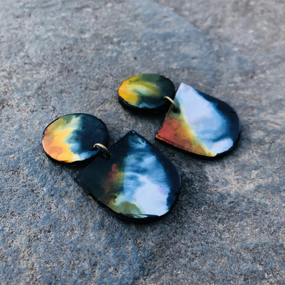 Abstract Alcohol Ink Jewelry Set in Black, White Yellow Orange, Fluid Art Jewelry