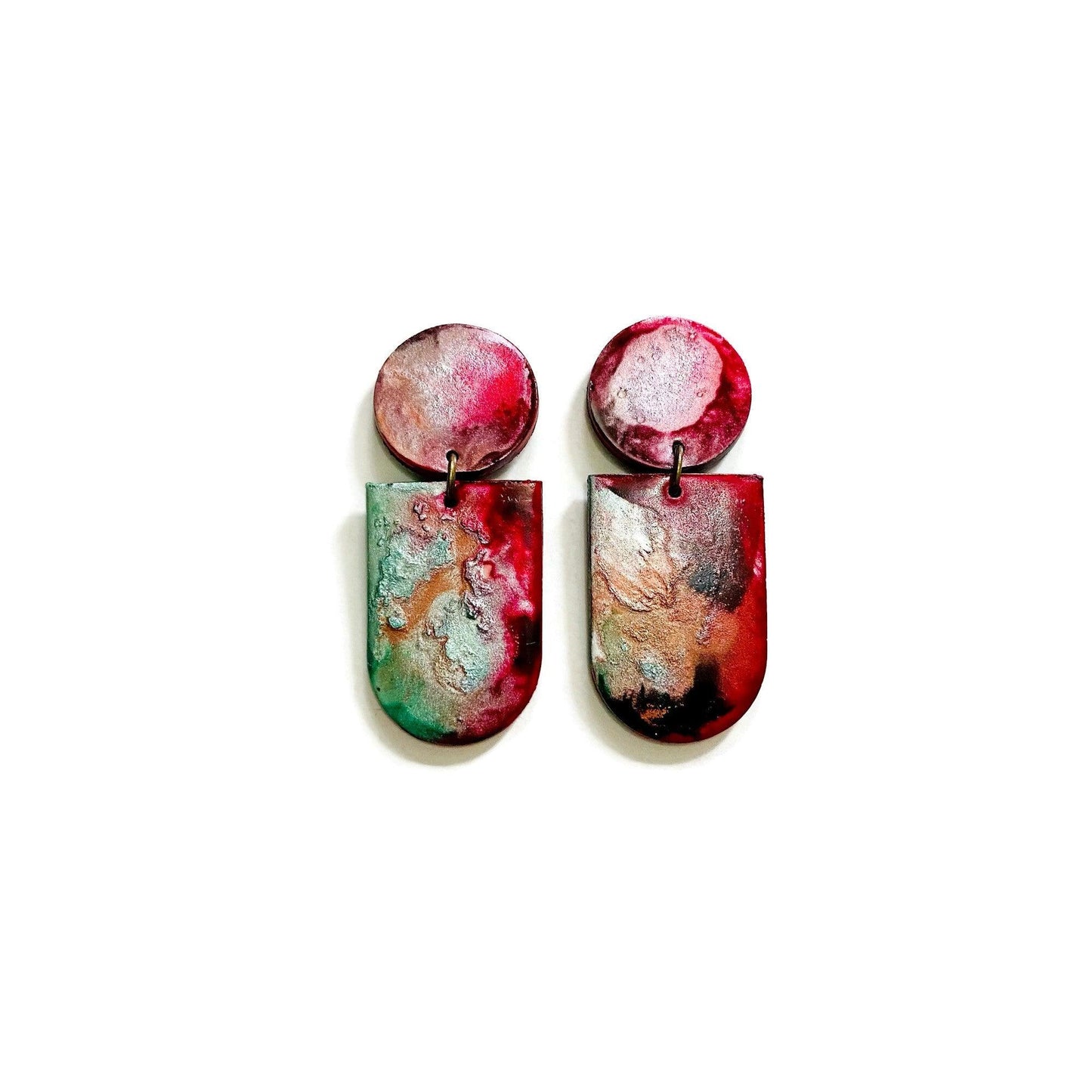 Abstract Alcohol Ink Jewelry Set in Red, Gree, Silver, Copper. Fluid Art Jewelry